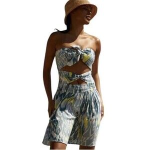 Anthropologie Dress Blue Motif Yellow Reversible Smocked Mini Sleeveless Small